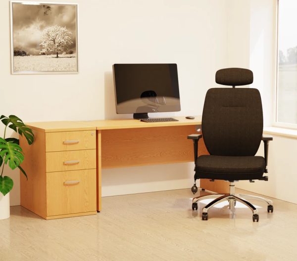 office desk with desk high pedestal oak with black office chair