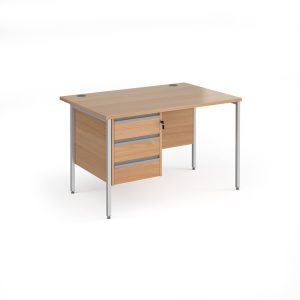 office desk with 3 drawer fixed pedestal in beech finish and silver H frame legs