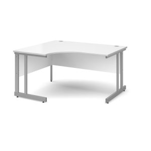 ergonomic left hand return desk with white desk top and silver cantilever leg frame