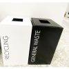 office recycling bin in blck with white lettering general waste. White recycling bin with black lettering recycling