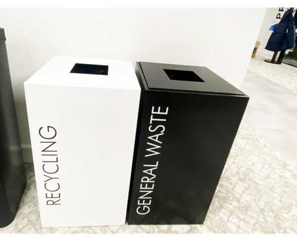 office recycling bin in blck with white lettering general waste. White recycling bin with black lettering recycling