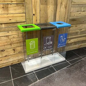 office recycling bin transparent in row of three with coloured labelling and top