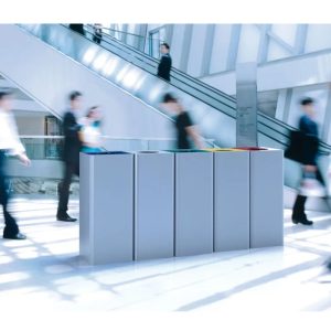 office recycling bins in row of 5 in public space