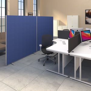 office screen blue fabric room divider in office room set with white desks and black office chairs