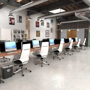 office scene with row of office desks with computer screens and office chairs
