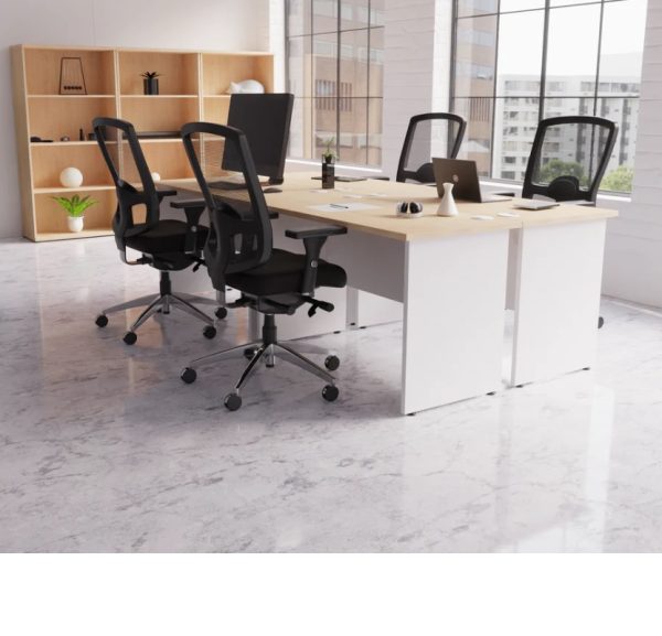 panel end desk with maple desk top and white panel end in office room set with black office chairs and office bookcases