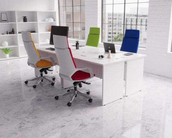 panel end desk in white with colourful office chairs