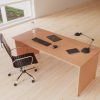 panel end office desk with black leather office chair