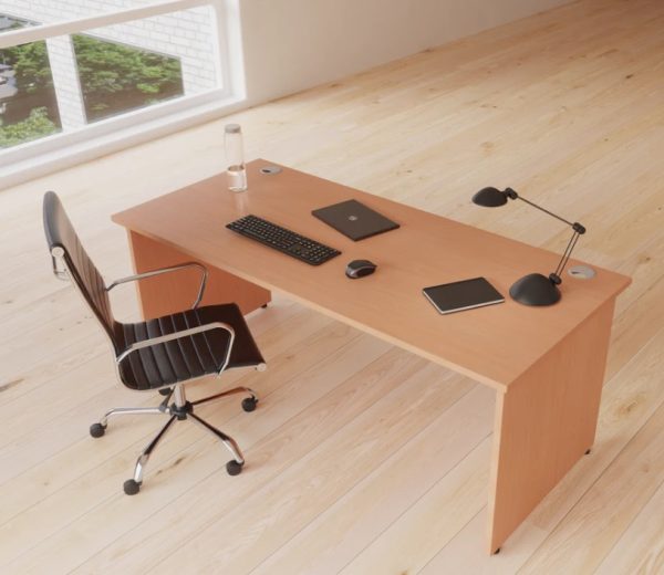 panel end office desk with black leather office chair