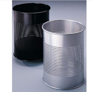 perforated office bins in black and silver