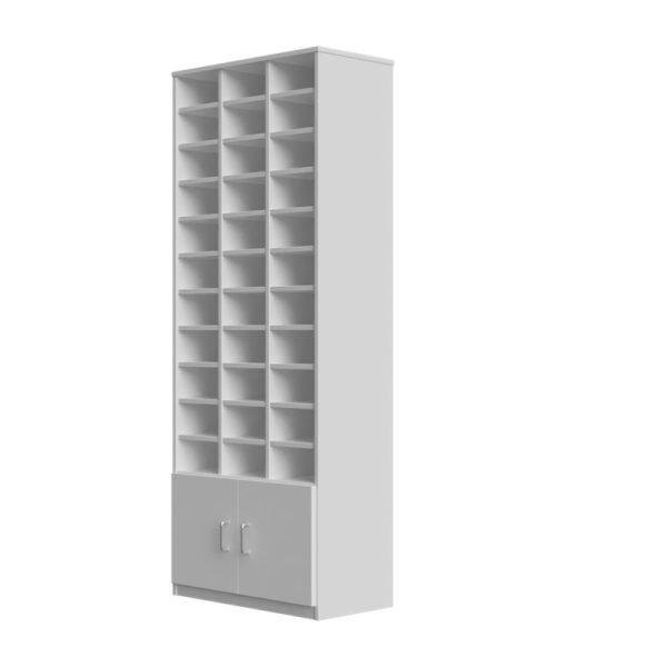 pigeon holes white with 33 spaces and a cupboard