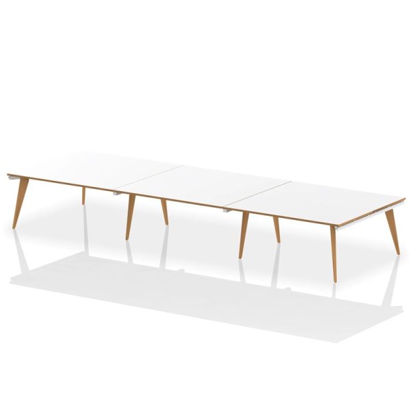 rectangular board room table with white table top and wooden legs. Scandinavian style