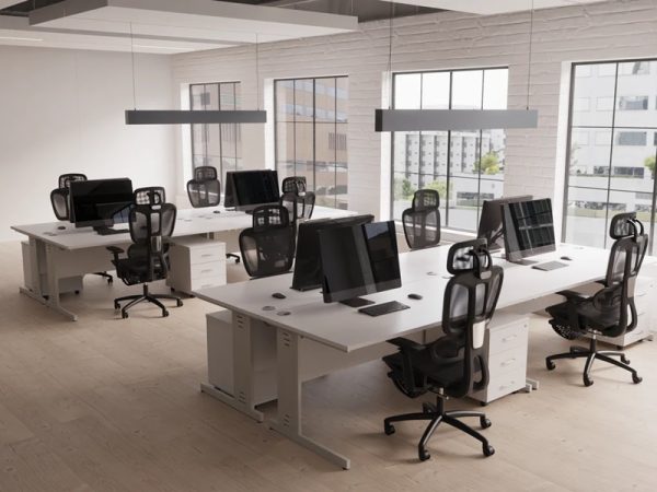room-shot-of-office-with-3-drawer-under-desk-pedestals-white-and-white-desks.-With-black-mesh-back-chairs