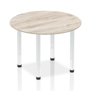 round meeting table with grey oak table top and chrome legs