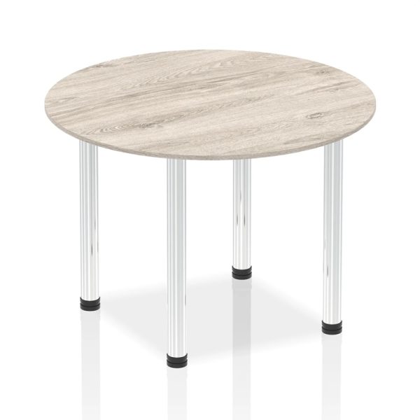 round meeting table with grey oak table top and chrome legs