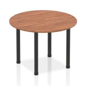 round meeting table with walnut table top and black legs