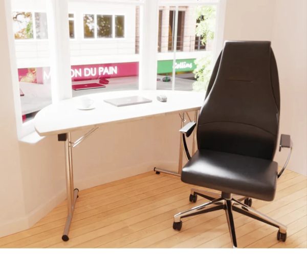 semi circular meeting table in window with black office chair