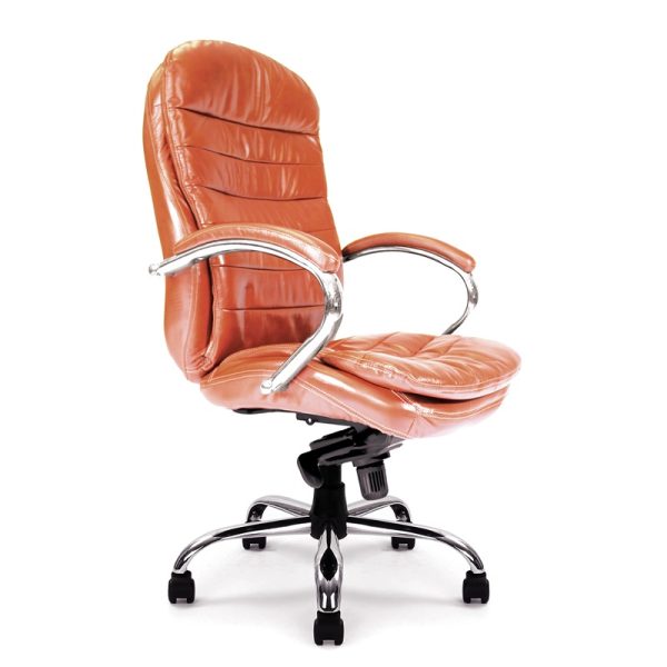 tan leather executive office chair with chrome base and arms