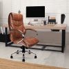 tan leather high back executive office chair with chrome base in room shot in front of office desk