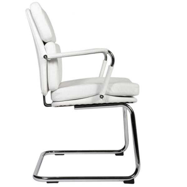 visitor chair in white leather with chrome cantilever frame. Side view