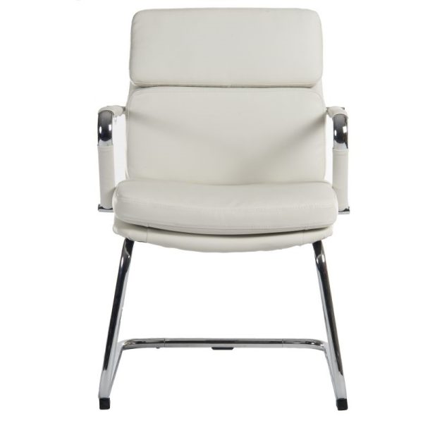visitor chair in white leather with chrome cantilever frame. front view