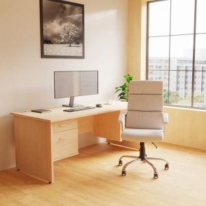 white high back executive leather office chair in room shot in front of office desk