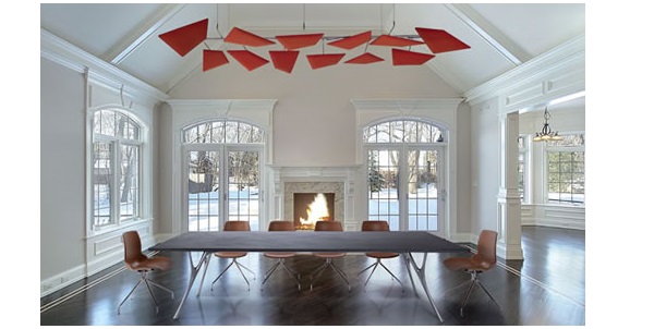 Big Meeting table with acoustic panels hanging over it