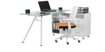 glass home office desk with white office chair