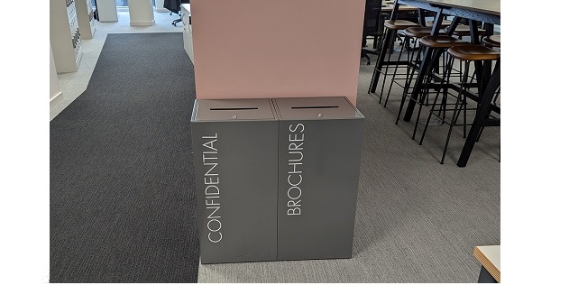 grey lockable office recycling bins with white lettering confidential and brochures