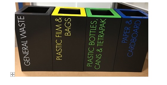 office recycling bins black with coloured lettering