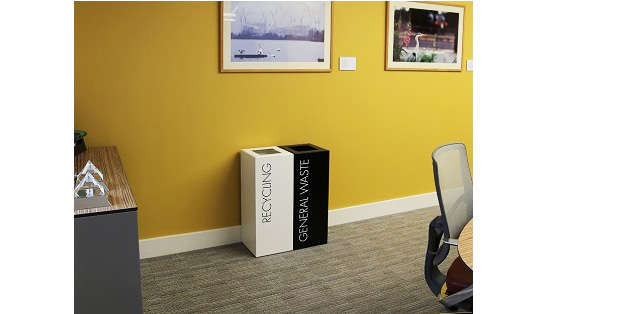 black office recycling bin with white lettering General Waste and white office recycling bin with black lettering Recycling