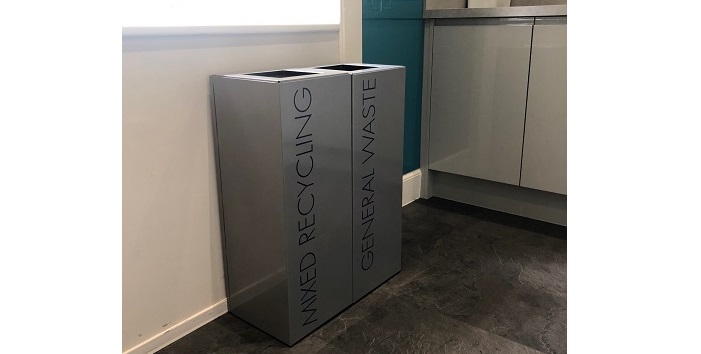 2 grey office recycling bins with black lettering Mixed Recycling and Grneral Waste