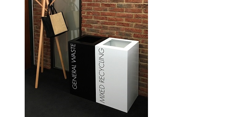 office recycling bins. Black bin with white lettering General Waste and white bin with black lettering Mixed Recycling