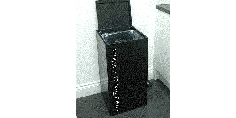 office recycling bin with open soft close top. White lettering Used Tissues / Wipes