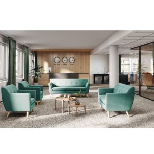 room set showing contemporary green fabric sofa and chairs around a coffee table