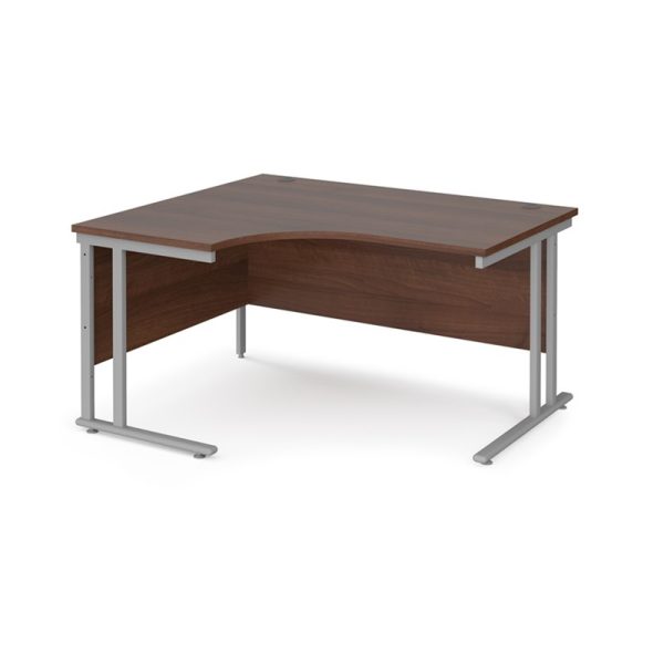 ergonomic left hand desk with walnut desk top and silver frame