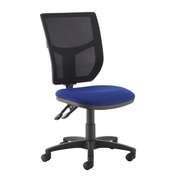 office chair with black mesh back and blue fabric seat. No arms