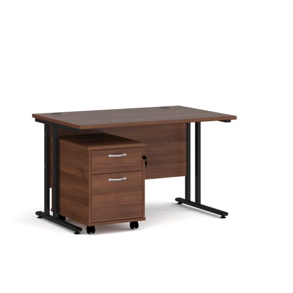 office desk 1200 with walnut desk top and black cantilever leg frame. With 2 drawer pedestal bundle