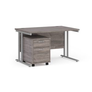 office desk with 2 drawer under desk pedestal in grey oak finish and silver cantilever legs