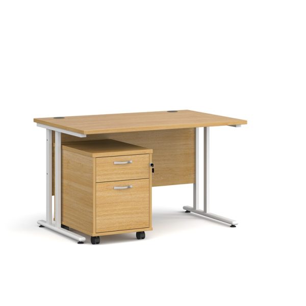 office desk bundle with oak desk top and white cantilever leg frame. Includes 2 drawer under desk filing pedestal