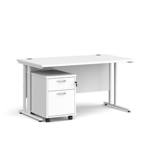 office desk with 2 drawer under desk pedestal in white finish and white cantilever leg frame