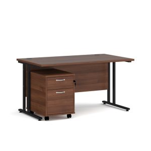 office desk with 2 drawer under desk pedestal in walnut finish and black cantilever leg frame