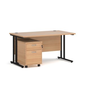 office desk with 2 drawer under desk pedestal in beech finish with black cantilever leg frame