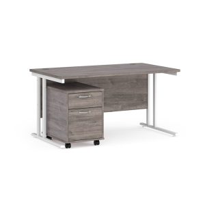 office desk with 2 drawer under desk pedestal in grey oak finish and white cantilever leg frame