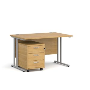 office desk with under desk 3 drawer pedestal in oak finish and silver cantilever leg frame