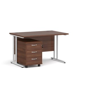 office desk with 3 drawer under desk pedestal in walnut finish with white cantilever leg frame