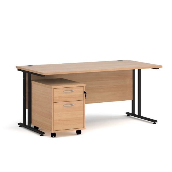 office desk bundle. office desk with beech desk top and black cantilever leg frame. With 2 drawer filing pedestal