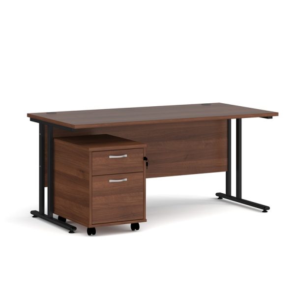 office desk with walnut desk top and black cantilever leg frame. With under desk filing pedestal