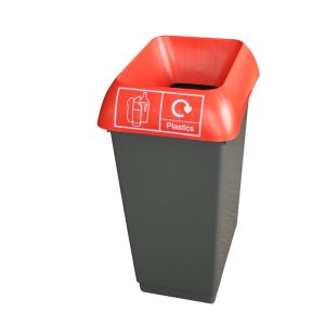office recycling bin grey with red top and label for recycling plastics