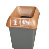 dark grey plastic office recycling bin with brown top and kitchen waste label